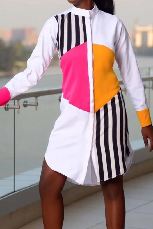 Striped Patchwork Casual Color Block Midi Dress