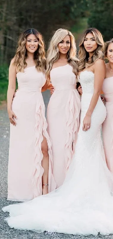 2020 Popular One Shoulder Long Bridesmaid Dresses, High Side Slit Bridesmaid Dresses