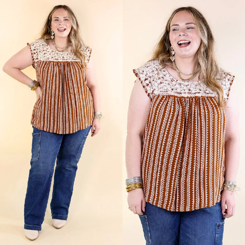 Afternoon Stroll Embroidered Tribal Top with Cap Sleeves in Rust Brown