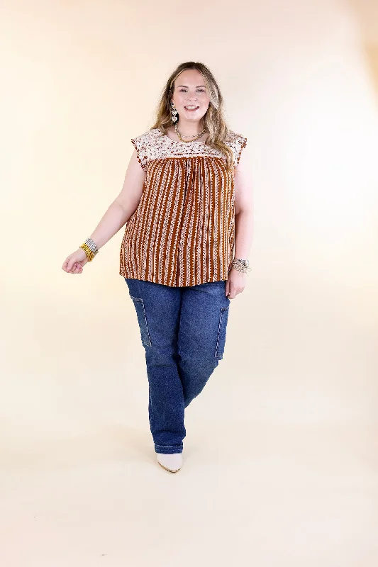 Afternoon Stroll Embroidered Tribal Top with Cap Sleeves in Rust Brown