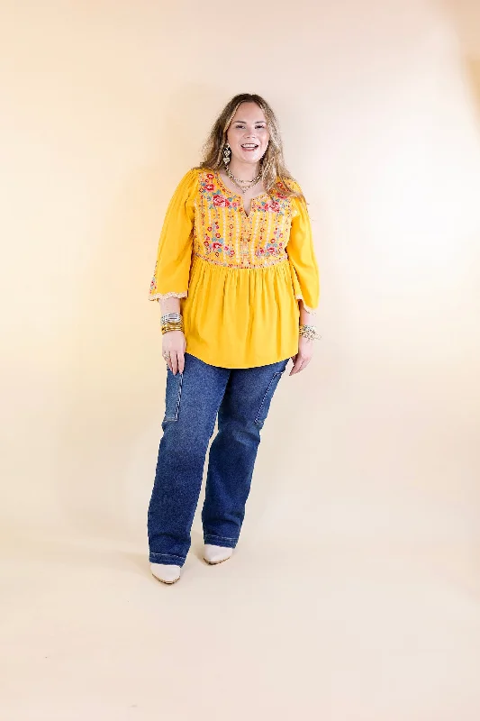 Already Mine 3/4 Bell Sleeve Embroidered Babydoll Top in Mustard Yellow