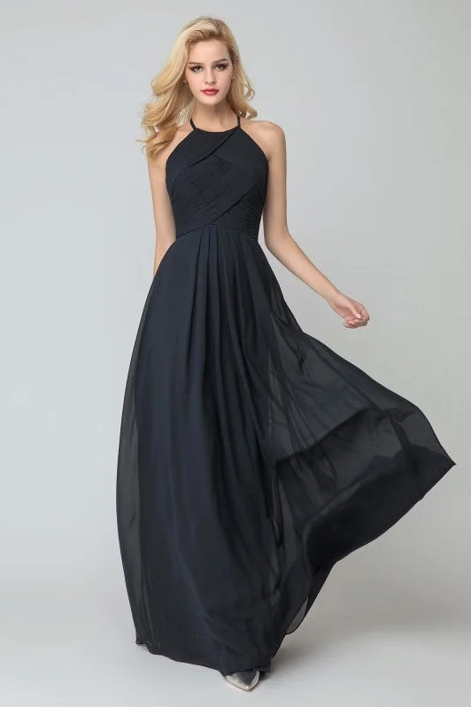 Black Chiffon Halter Bridesmaid Dress Floor Length