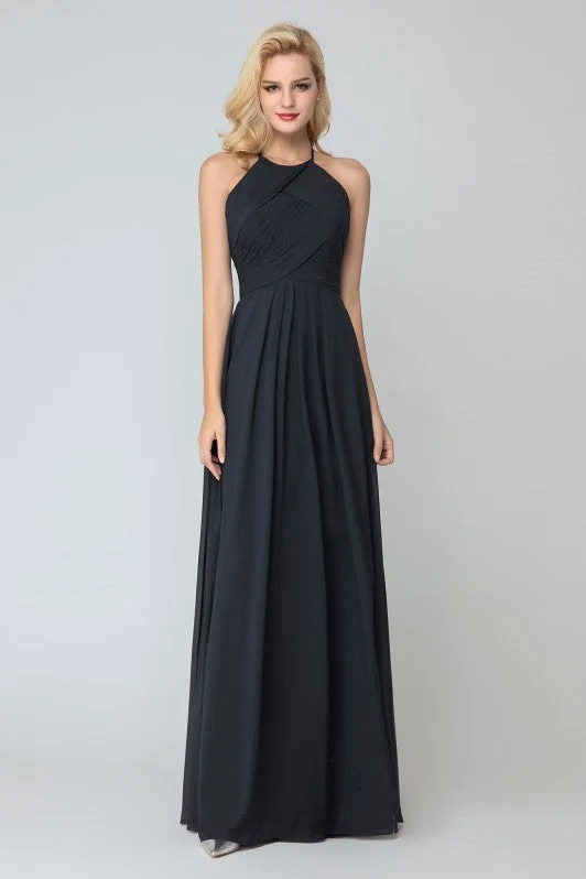 Black Chiffon Halter Bridesmaid Dress Floor Length