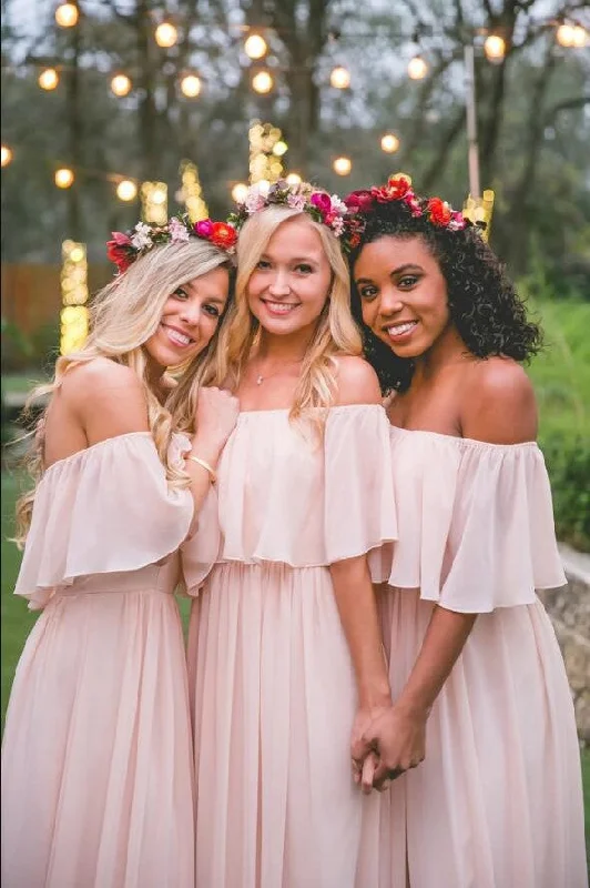 Colorful Chiffon Bridesmaid Dress with Flowy Off-the-shoulder