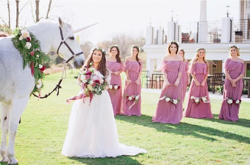 Colorful Chiffon Bridesmaid Dress with Flowy Off-the-shoulder