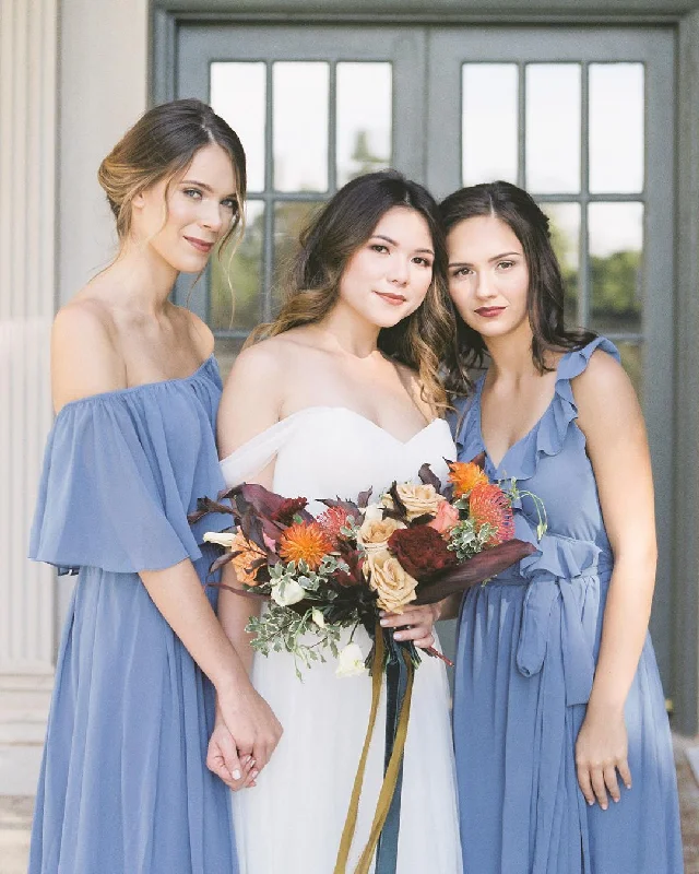 Colorful Chiffon Bridesmaid Dress with Flowy Off-the-shoulder