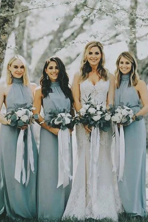 Dusty Blue Chiffon Bridesmaid Dresses with Halter Neckline