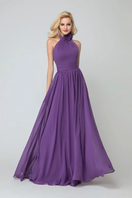 Flower High-neck Bridesmaid Dresses Purple Chiffon Skirt