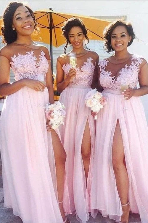 Illusion Lace Chiffon Pink Bridesmaid Dresses Nignia