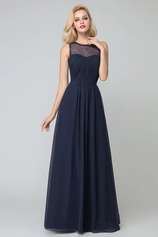 Illusion Neckline Navy Bridesmaid Long Party Dress