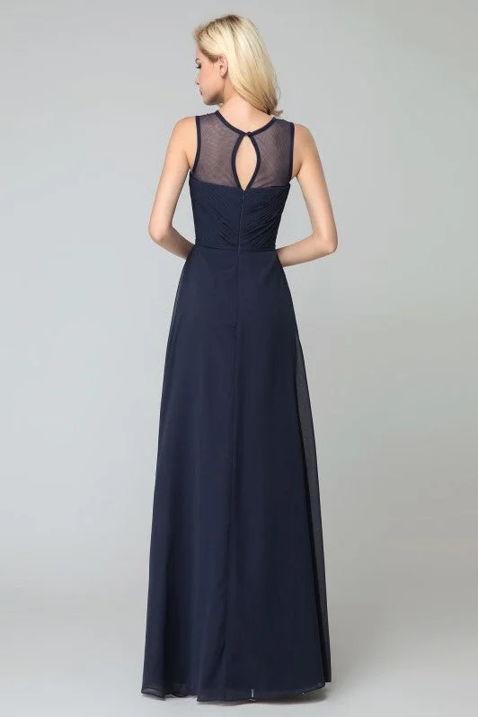 Illusion Neckline Navy Bridesmaid Long Party Dress