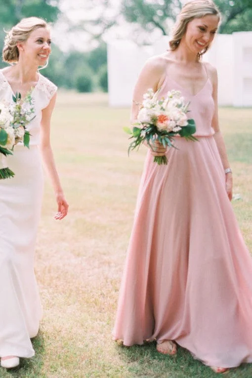 Pink Boho Bridesmaid Dresses with Strappy Chiffon Skirt