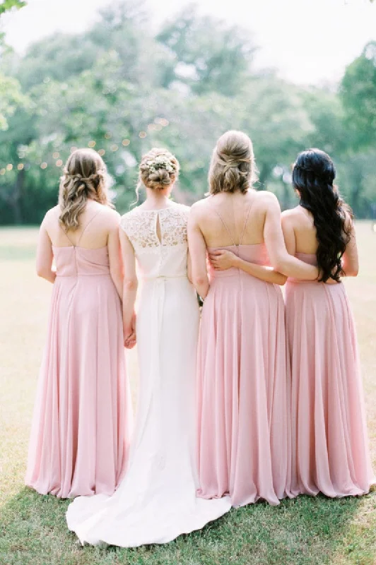 Pink Boho Bridesmaid Dresses with Strappy Chiffon Skirt