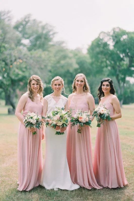 Pink Boho Bridesmaid Dresses with Strappy Chiffon Skirt