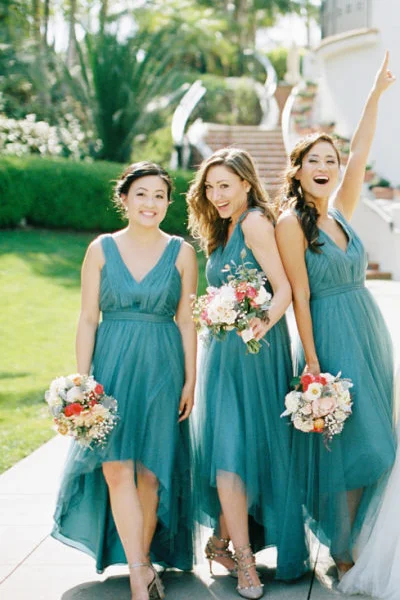 Pleated Teal Hi-lo Bridesmaid Dresses with Tulle Skirt