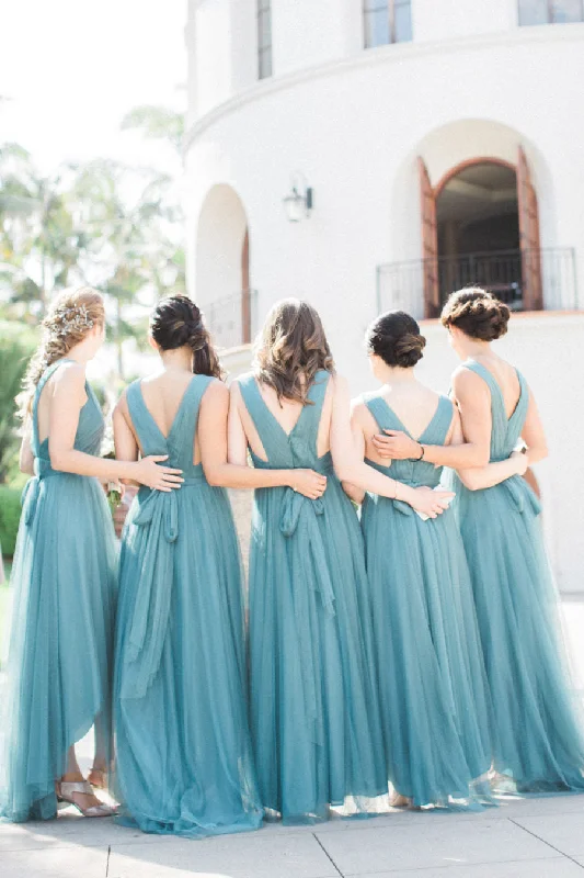 Pleated Teal Hi-lo Bridesmaid Dresses with Tulle Skirt