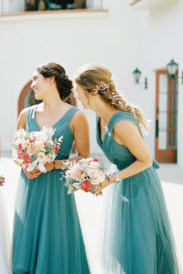 Pleated Teal Hi-lo Bridesmaid Dresses with Tulle Skirt