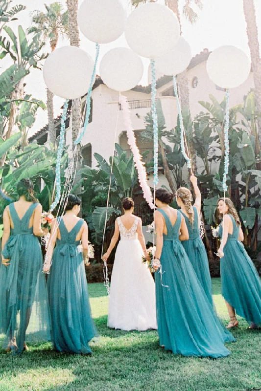 Pleated Teal Hi-lo Bridesmaid Dresses with Tulle Skirt