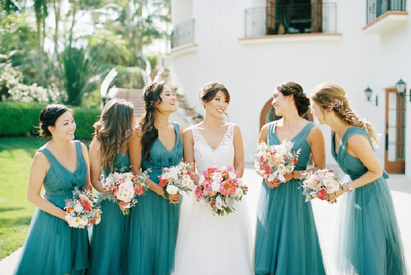 Pleated Teal Hi-lo Bridesmaid Dresses with Tulle Skirt