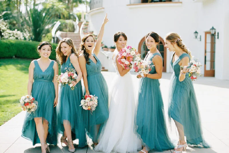 Pleated Teal Hi-lo Bridesmaid Dresses with Tulle Skirt