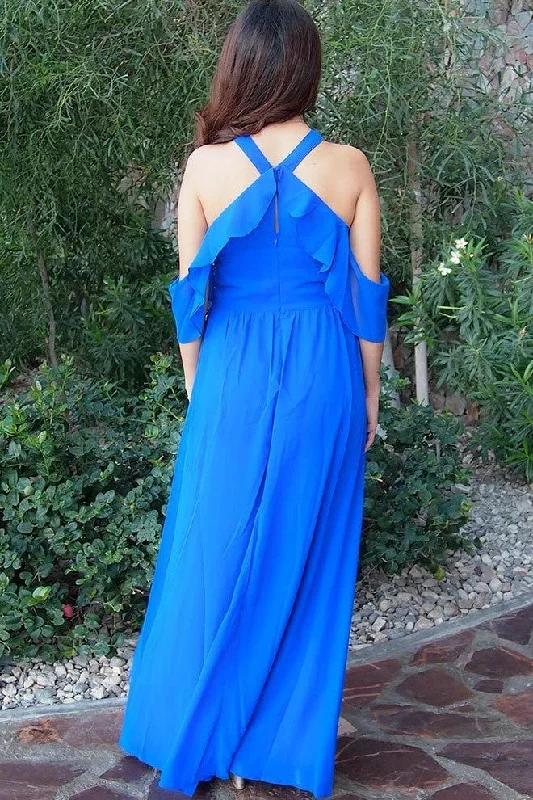 Royal Blue Plus Size Bridesmaid Gown with Flounced Off-the-shoulder