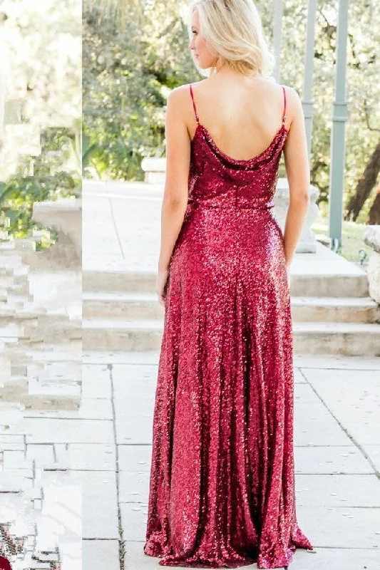 Sequin Burgundy Bridesmaid Gown Floor-Length