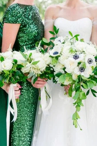 Sequin Green Wedding Party Dresses with Short Sleeves