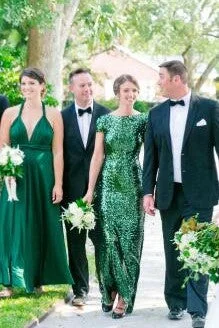 Sequin Green Wedding Party Dresses with Short Sleeves