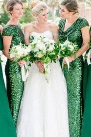 Sequin Green Wedding Party Dresses with Short Sleeves