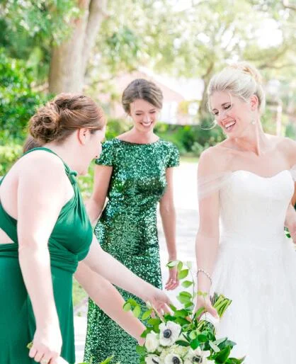 Sequin Green Wedding Party Dresses with Short Sleeves