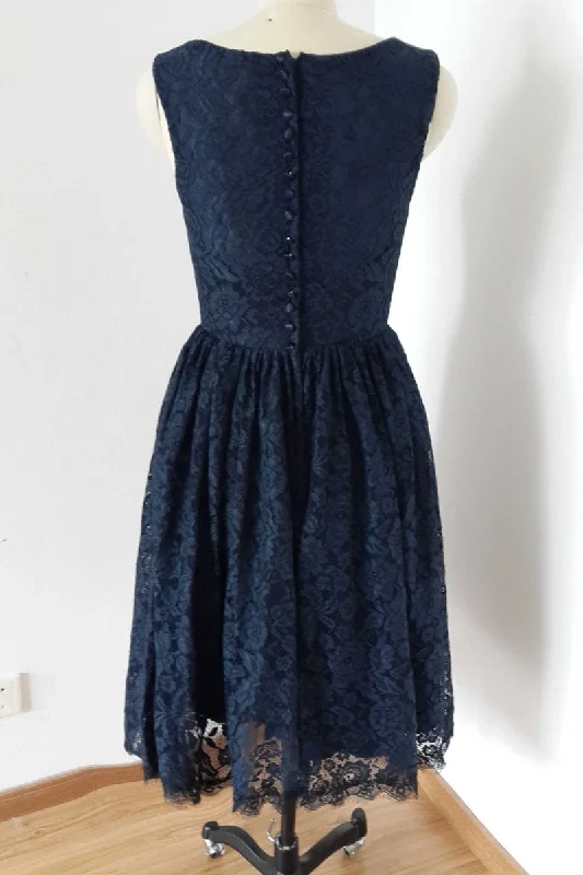 Short Lace Navy Blue Bridesmaid Dresses Sleeveless