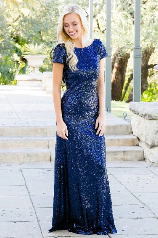 Short Sleeves Blue Sequin Bridesmaid Dresses With Draped Back