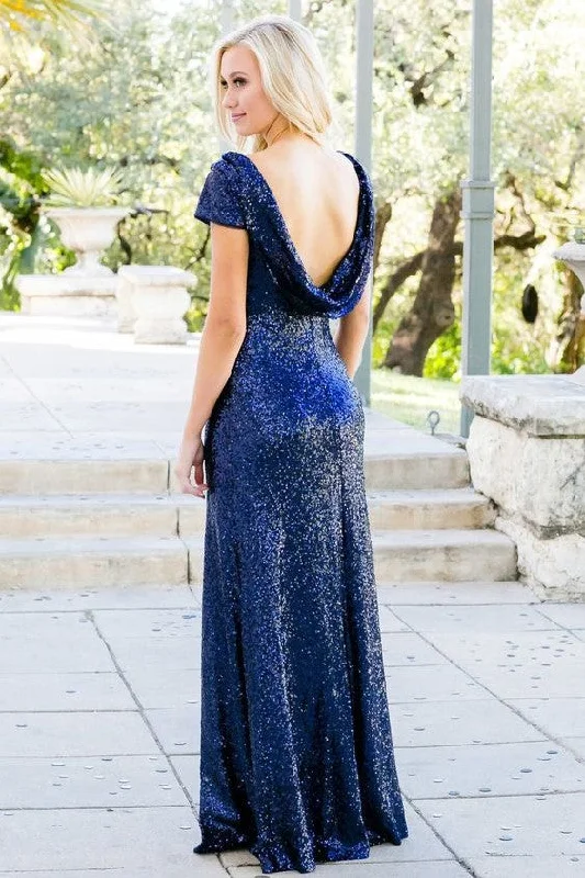 Short Sleeves Blue Sequin Bridesmaid Dresses With Draped Back