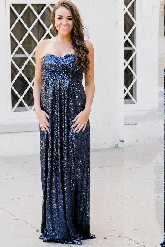 Strapless Blue Sequin Bridesmaid Dresses Backless