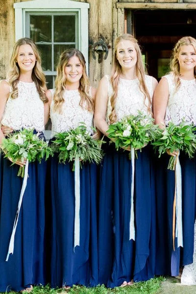 Two-Piece Bridesmaid Dress Royal Blue Skirt with Lace Separate Top