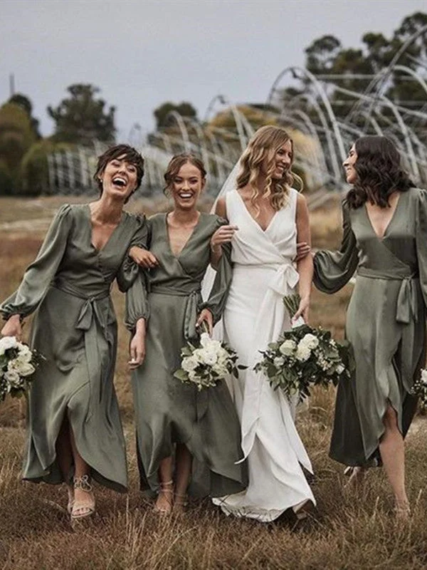 V-neck Long Sleeves Bridesmaid Dresses, 2020 Popular Bridesmaid Dresses, Wedding Guest Dresses