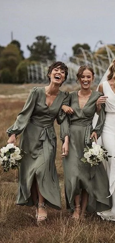 V-neck Long Sleeves Bridesmaid Dresses, 2020 Popular Bridesmaid Dresses, Wedding Guest Dresses