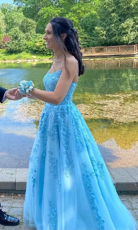 Blue Lace Prom Dress Long, Formal Ball Dress, Evening Dress, Dance Dresses, School Party Gown      S3237