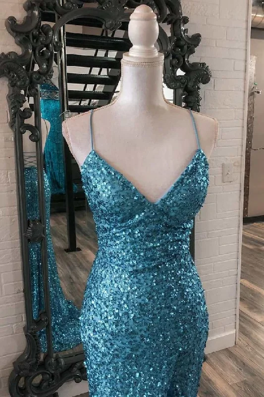 Blue Sequin V-Neck Lace-Up Mermaid Long Dress with Slit      S3374