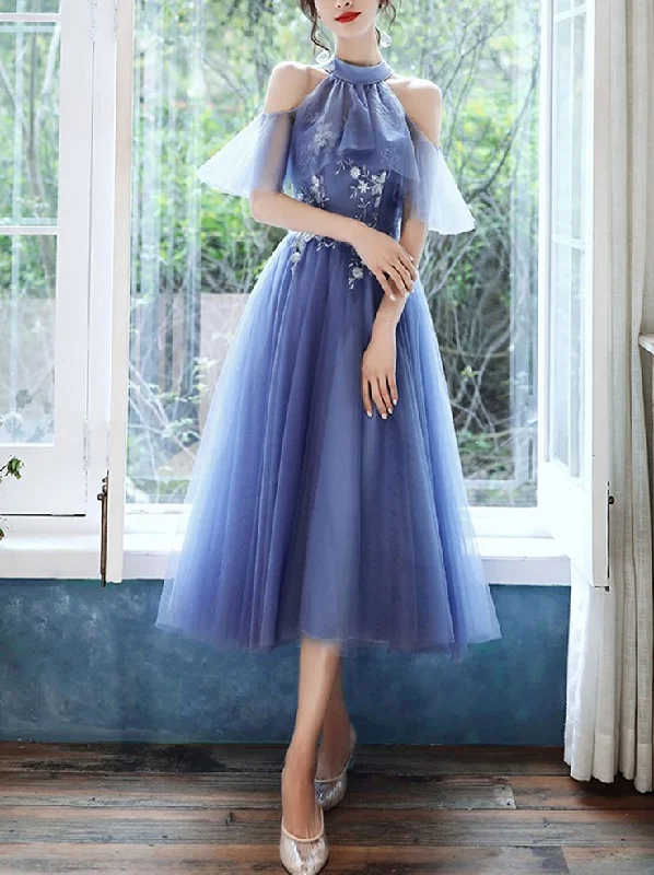 blue tulle lace short prom dress blue tulle cocktail dress       S3270