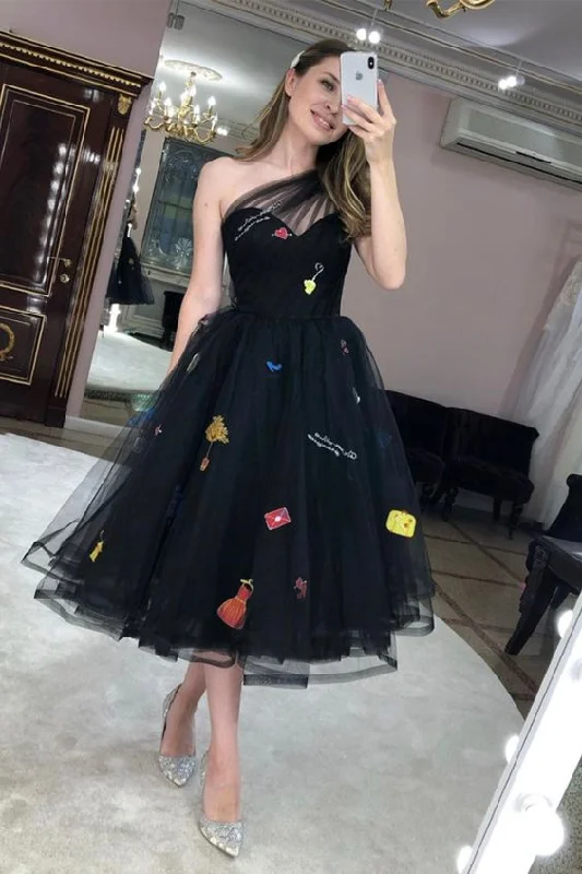 Black tulle tea length prom dress, formal dress     S3272