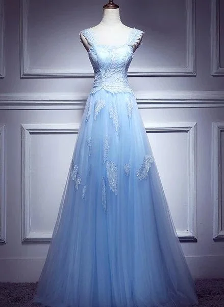 Lovely Light Blue Lace Applique Tulle Prom Dress, Blue Junior Party Dress Formal Dress     S3346