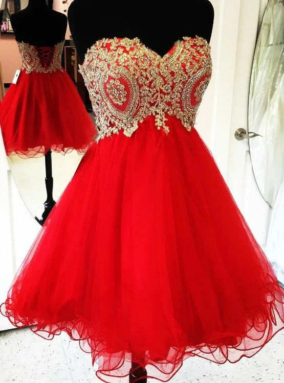 Red School Homecoming Dresses Sweetheart Gold Applique    S3333