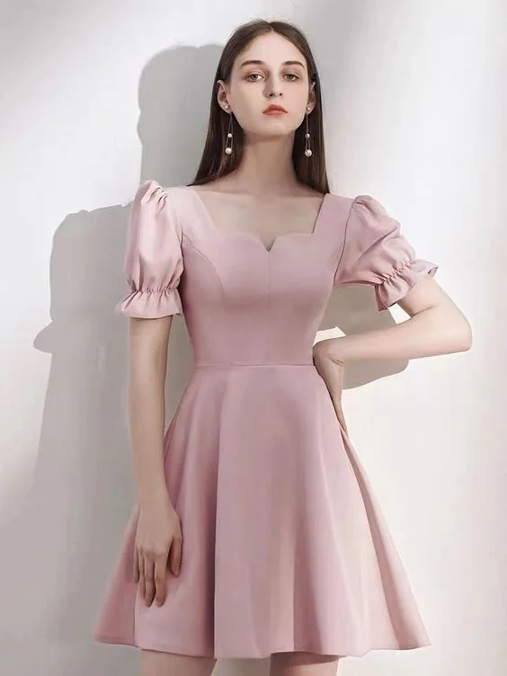 Short Sleeve Party Dress, Pink Bridesmaid Dress, Hepburn Style Homecoming Dress    S3276