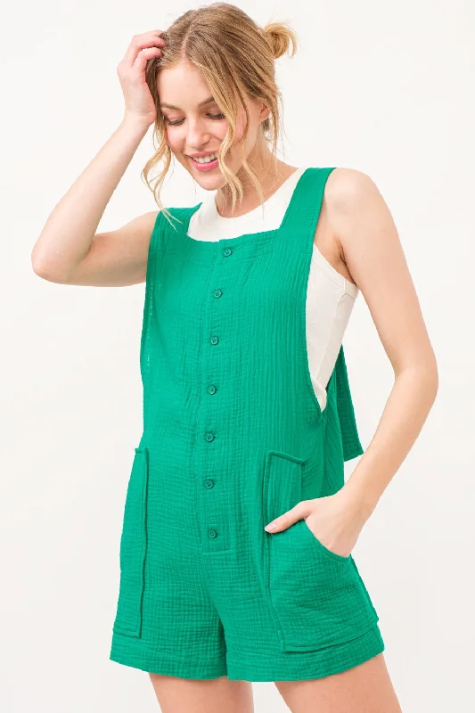 Hot Girl The Why Button Up Tie Back Sleeveless Romper In Green