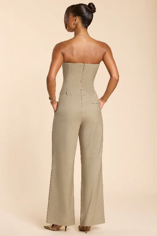 Brushed Twill Bandeau Corset Jumpsuit in Taupe