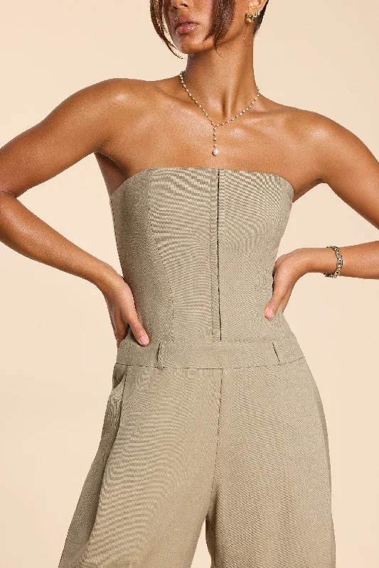 Brushed Twill Bandeau Corset Jumpsuit in Taupe