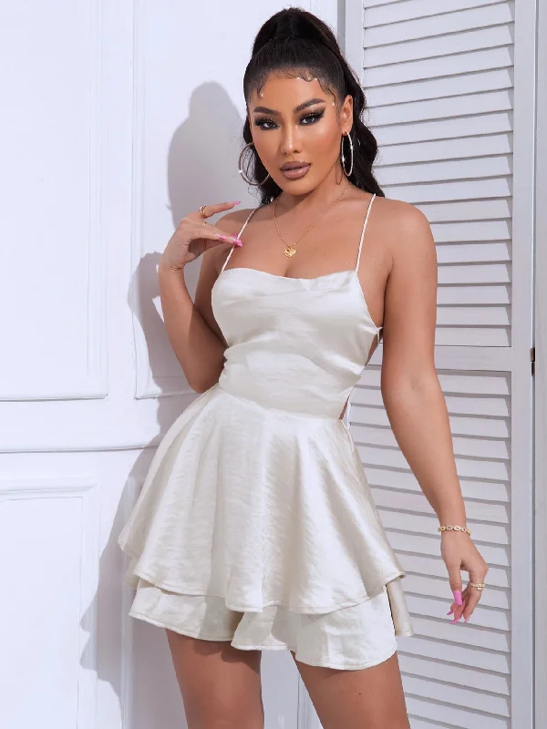 Hot Girl Lace Up Backless Two Layer Hem Satin Romper In Cream