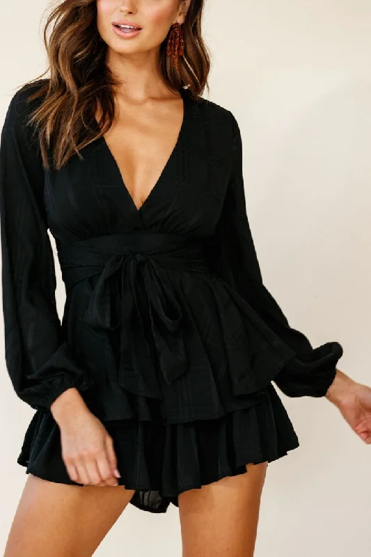 Maddox Fit & Flare Long Sleeve Romper Black