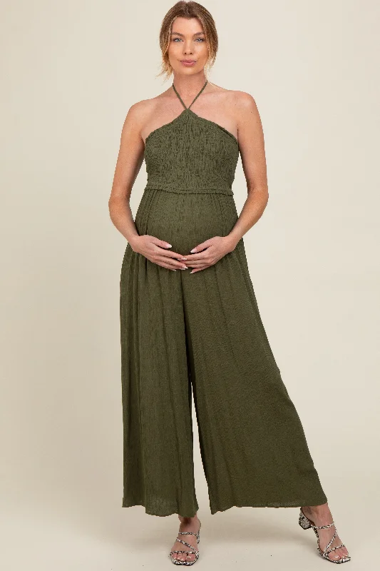 Olive Back Cutout Smocked Halter Wide Leg Maternity Jumpsuit